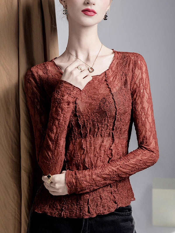 See-Through Split-Joint Textured Irregularity Long Sleeves Round-Neck T-Shirts Tops