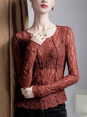 See-Through Split-Joint Textured Irregularity Long Sleeves Round-Neck T-Shirts Tops