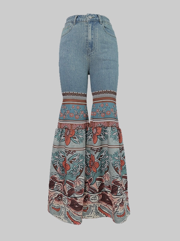 Floral Printed High-Waisted Pockets Flared Pants Jean Pants Bottoms