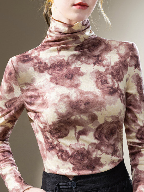 Flower Print Split-Joint Long Sleeves Plus Size High Neck T-Shirts