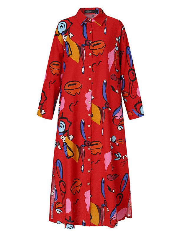Buttoned Pockets Printed Long Sleeves Loose Lapel Shirt Dress Maxi Dresses