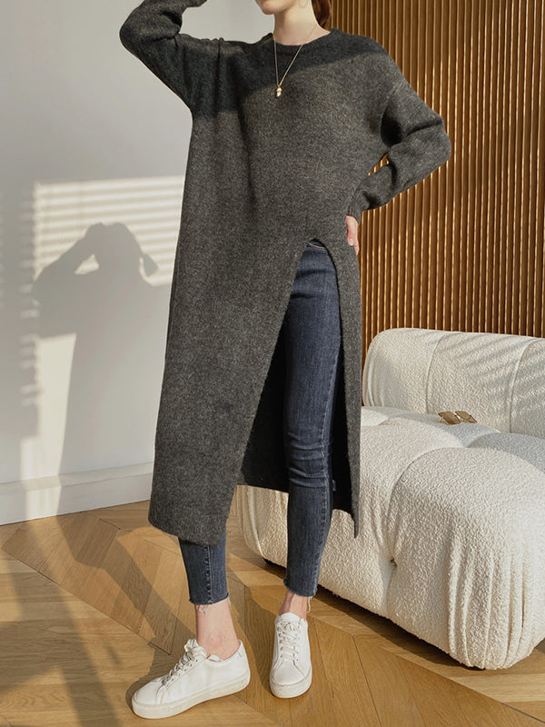 Loose Split-Side Solid Color Round-Neck Knitting Sweater Dresses