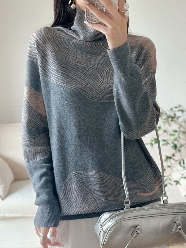 Contrast Color Long Sleeves Loose High Neck Sweater Tops Pullovers