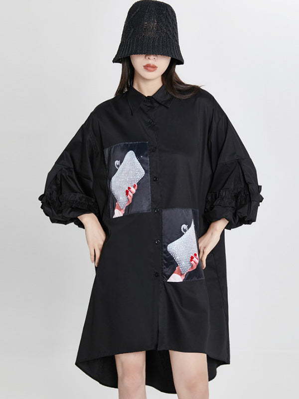 Loose High-Low Irregular Applique Shirt Dress Midi Dress