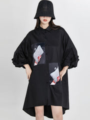 Loose High-Low Irregular Applique Shirt Dress Midi Dress