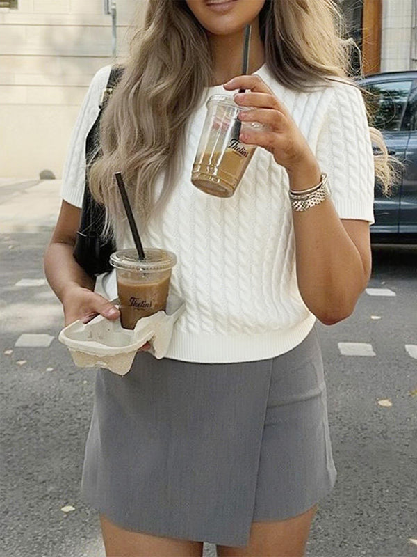 Solid Color Split-Joint Short Sleeves Round-neck Sweater Tops Pullovers