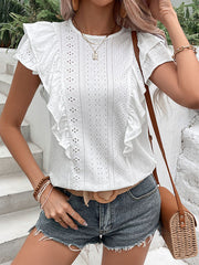 Floral Pleated Solid Color Split-Joint Loose Short Sleeves Round-neck T-Shirts Tops
