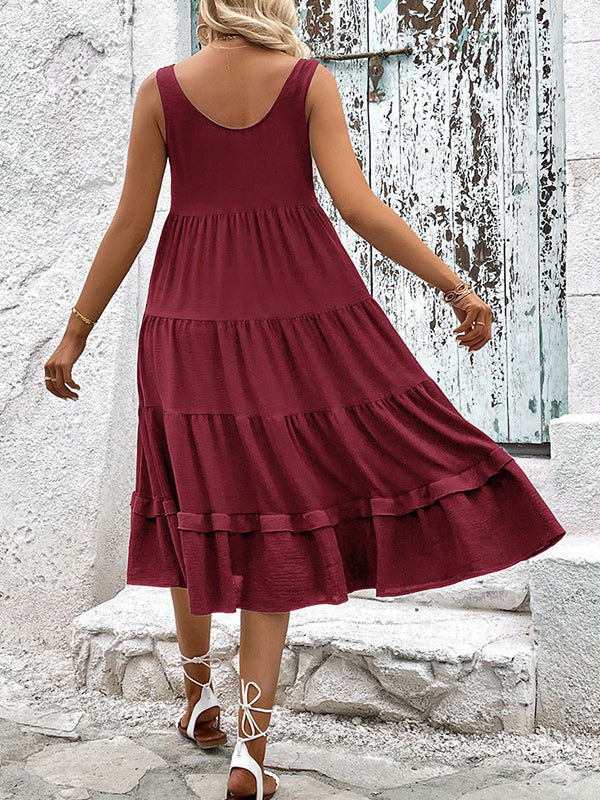 Buttoned Solid Color Tiered Loose Sleeveless Round-neck Midi Dresses