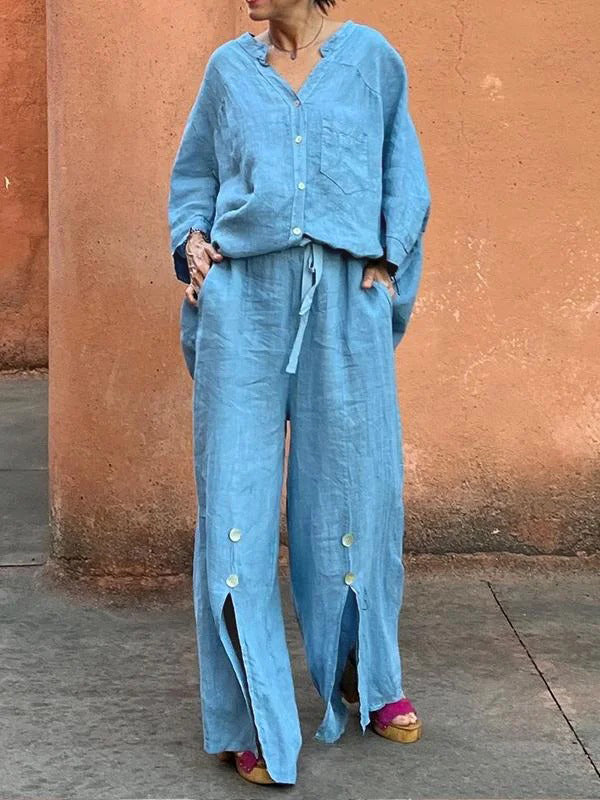 Loose Wide Leg Drawstring Solid Color Split-Front Split-Joint Pants Trousers