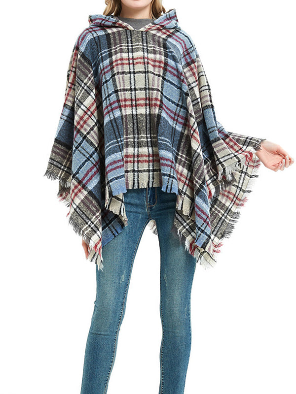 Fringed Hooded Keep Warm Plaid Shawl&Cloak Cape