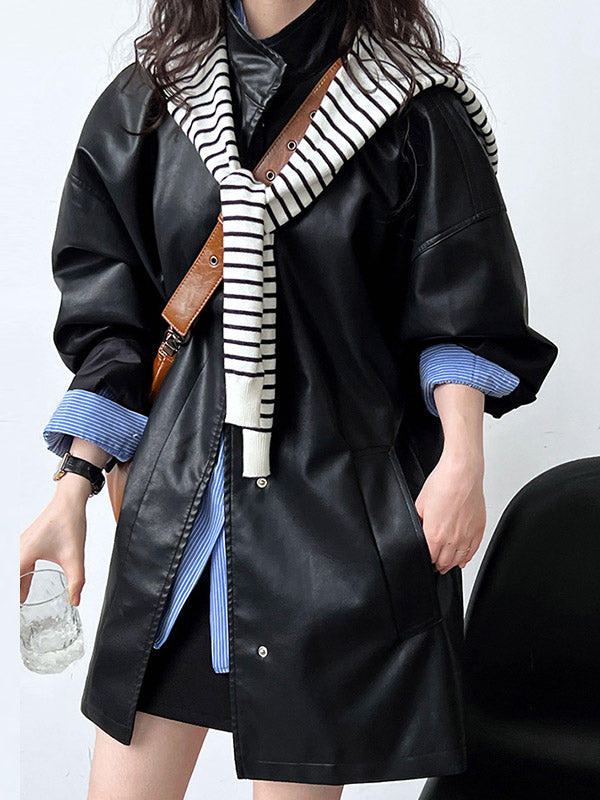 Buttoned Pockets Solid Color Long Sleeves Loose Stand Collar Outerwear