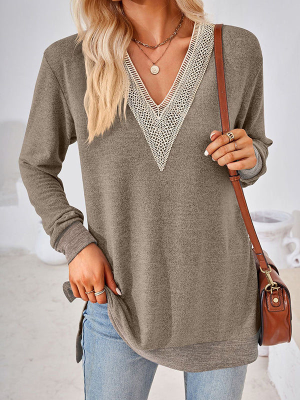 Hollow Split-Joint Split-Side Long Sleeves Loose V-Neck T-Shirts Tops