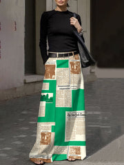 Newspaper Print Pockets High Waisted Loose Skirts Bottoms