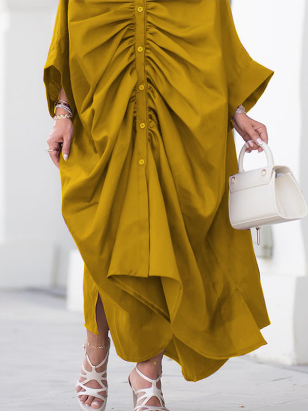 Buttoned Pleated Solid Color Long Sleeves Loose Lapel Shirt Dress Maxi Dresses