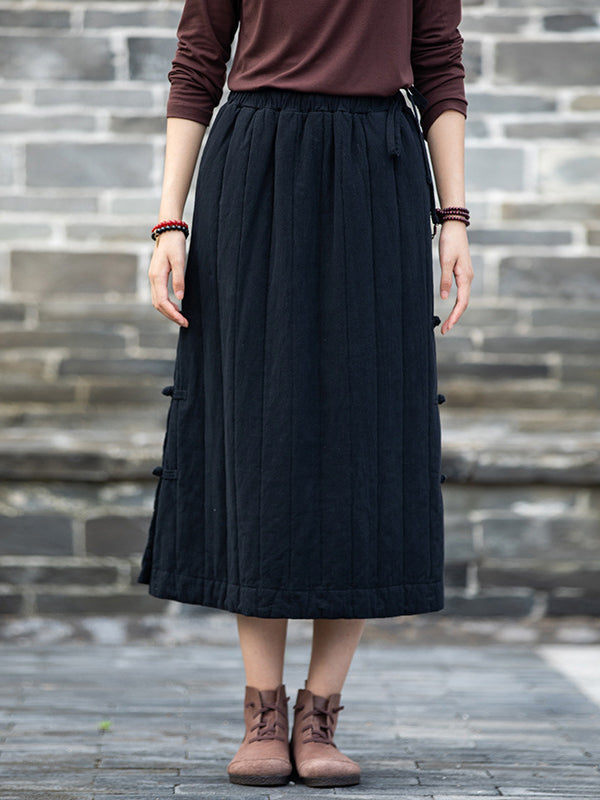 Elasticity Quilted Split-Joint Split-Side Tied Waist Velvet A-Line Skirts Bottoms