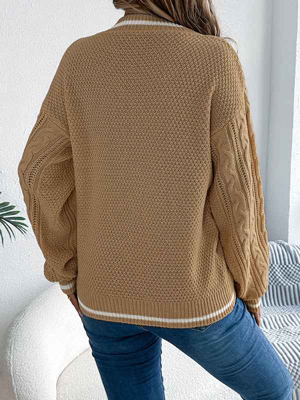 Cable Knit Contrast Color Split-Joint Long Sleeves Puff Sleeves V-Neck Sweater Tops Knit Top