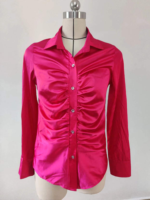 Pleated Solid Color Long Sleeves Lapel Blouses&shirts Tops