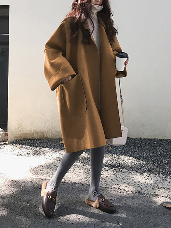 Buttoned Pockets Solid Color Split-Joint Long Sleeves Loose Notched Collar Woolen Coat