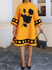 Flower Print Split-Joint A-Line Flared Sleeves Mock Neck Midi Dresses