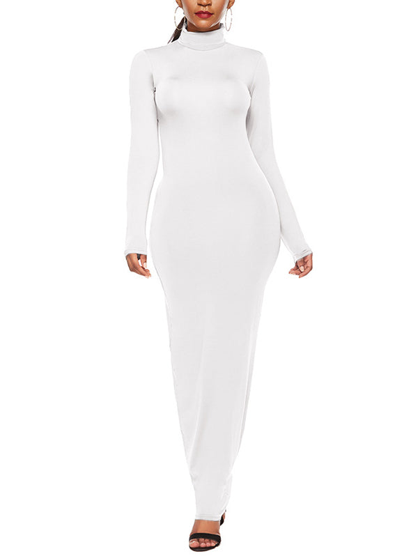 Solid Color Bodycon Long Sleeves High Neck Maxi Dresses