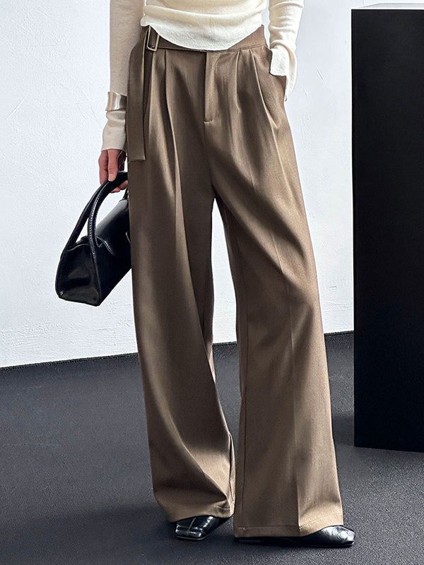 Belt Buckle Solid Color High Waisted Loose Trousers Suit Pants