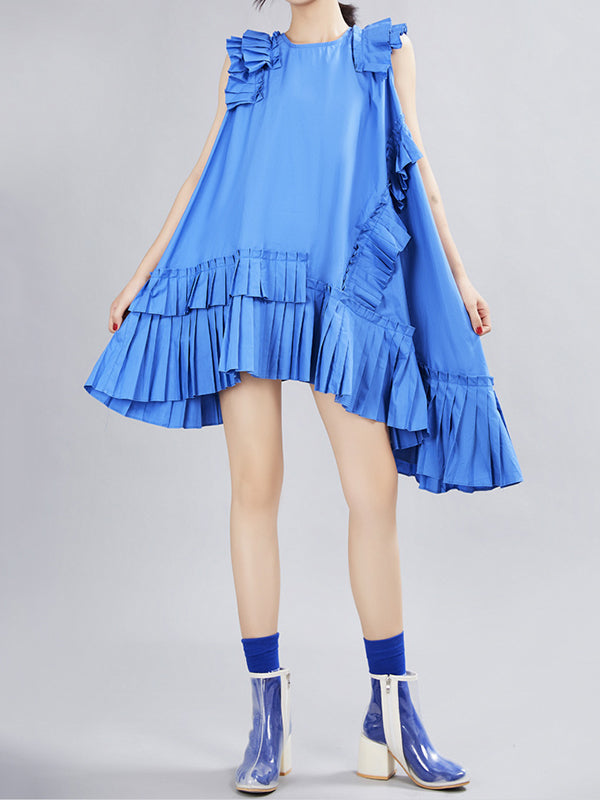 Asymmetric Pleated Solid Color Split-Joint Flying Sleeves Loose Round-Neck Midi Dresses
