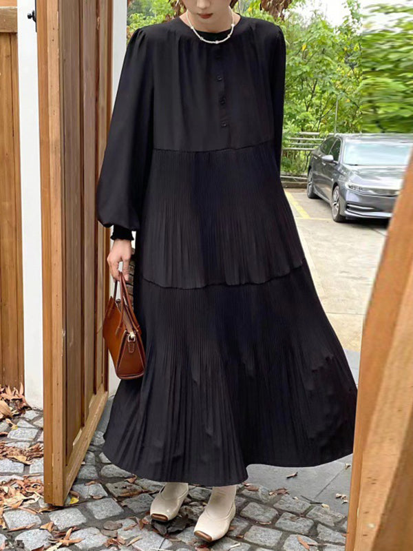 Buttoned Pleated Solid Color Split-Joint A-Line Long Sleeves Round-Neck Midi Dresses