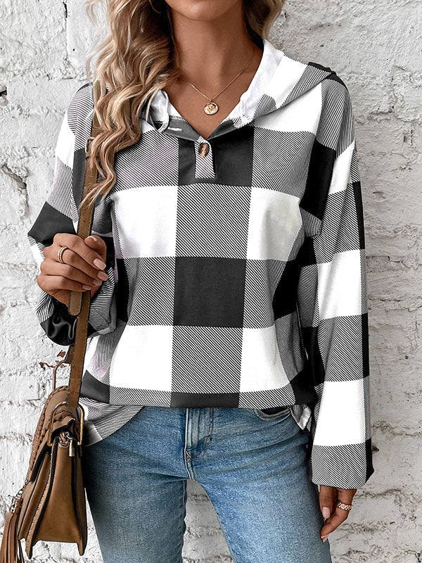 Buttoned Elasticity Plaid Split-Joint Long Sleeves Loose Hoodies Tops