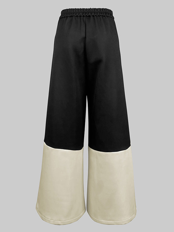 Contrast Color No Belt Pleated Pockets High Waisted Loose Trousers Pants