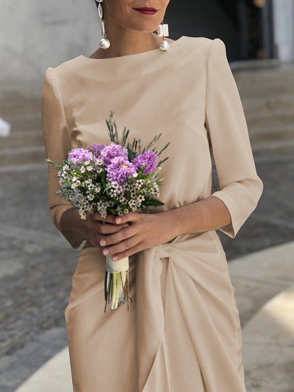 Bandage Solid Color Split-Side Loose Round-Neck Midi Dresses