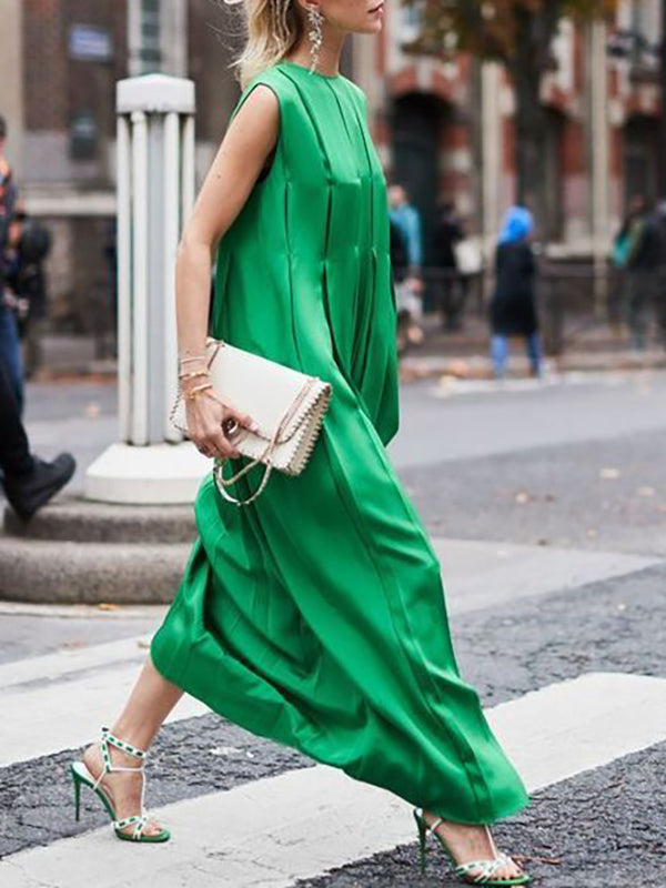 Pleated Solid Color Split-Joint A-Line Loose Round-Neck Maxi Dresses