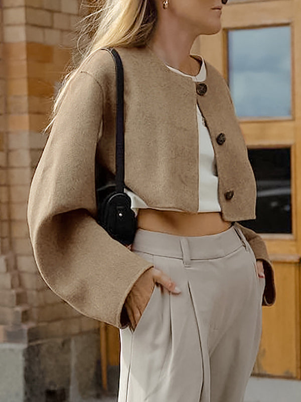 Buttoned Velvet Long Sleeves Loose Round-Neck Woolen Coat
