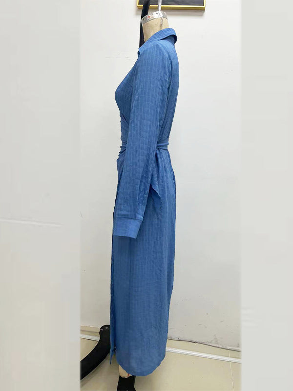 Asymmetric Solid Color Tied Long Sleeves Loose Lapel Maxi Dresses