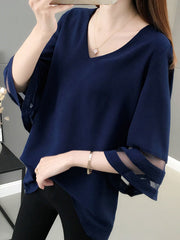 Gauze See-Through Solid Color Split-Joint Long Sleeves Loose V-Neck T-Shirts Tops