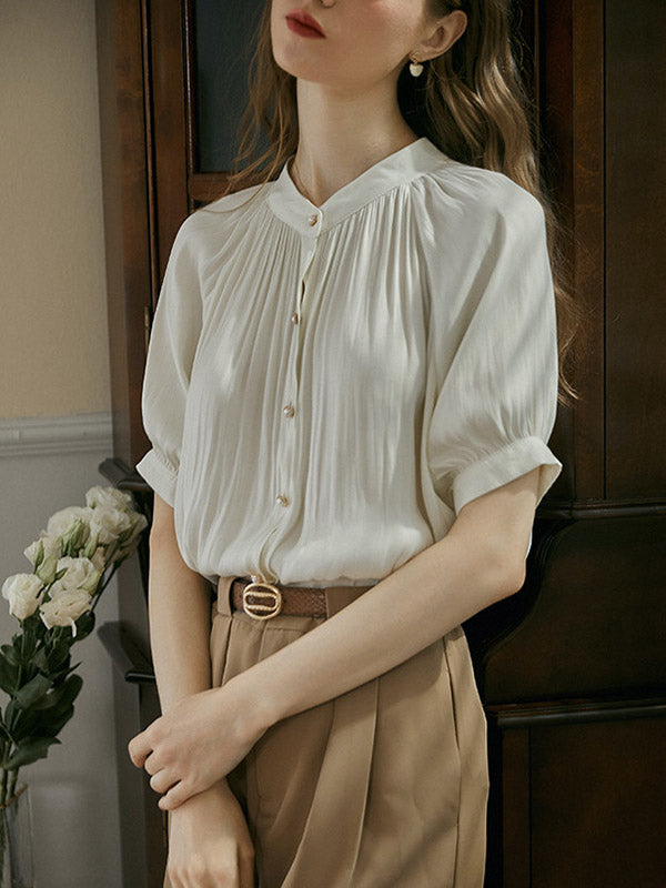 Buttoned Pleated Loose Puff Sleeves Round-neck Blouses&shirts Tops