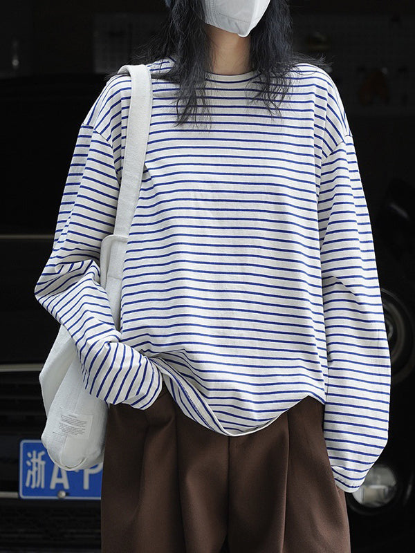 Striped Long Sleeves Round-neck T-Shirts Tops