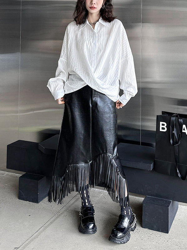 Buttoned Solid Color Long Sleeves Loose Lapel Blouses&Shirts Tops