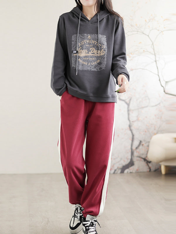 Drawstring Printed Long Sleeves Loose Hoodies Tops