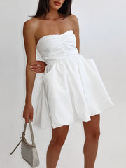 Elasticity Pleated Pockets Solid Color A-Line High Waisted Tube Mini Dresses