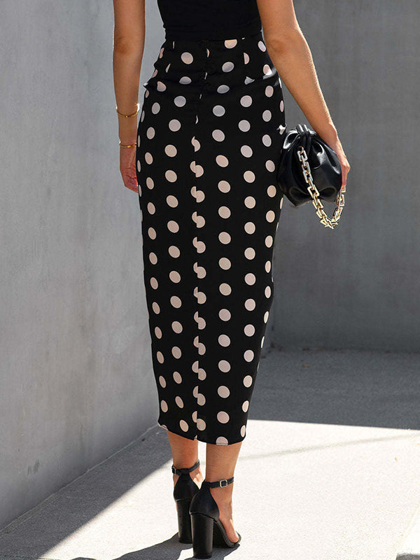 Drawstring Pleated Polka-Dot Split-front Bodycon High Waisted Skirts Bottoms