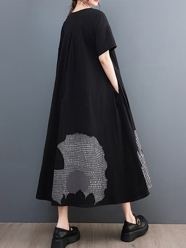 Printed A-Line Loose Round-Neck Midi Dresses