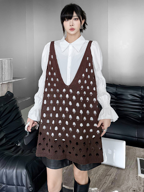 Hollow Solid Color Loose Sleeveless V-Neck Vest Top