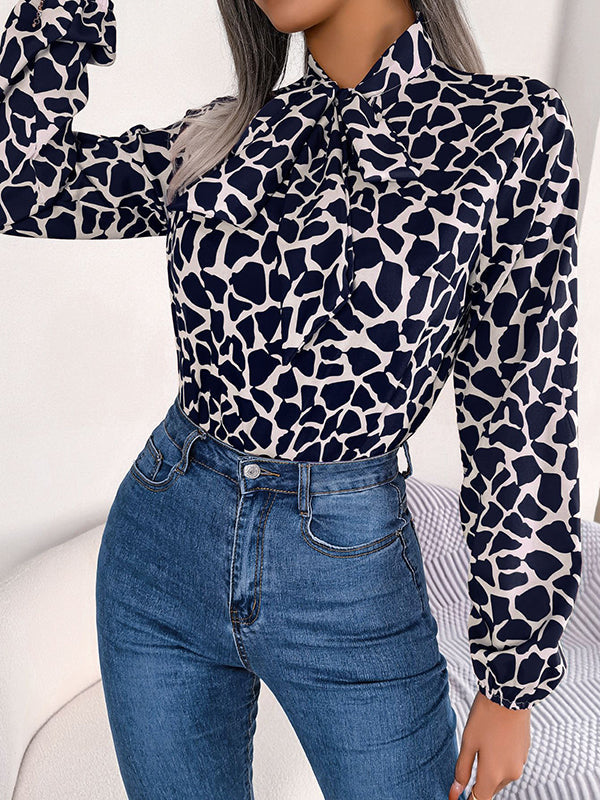 Bow-Embellished Elasticity Tied Bishop Sleeve Long Sleeves Mock Neck Blouses&Shirts Tops