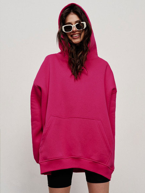 Pockets Solid Color Velvet Long Sleeves Loose Hooded Hoodies Tops