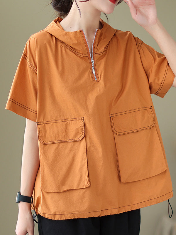 Zipper Loose Short Sleeves Hooded T-Shirts Tops