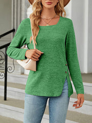 Asymmetric Buttoned Solid Color Split-side Long Sleeves Loose Square-neck T-Shirts Tops