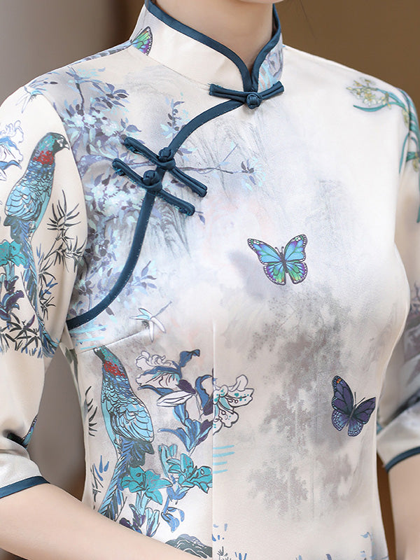Original Half Sleeves Animal Printed Split-Side Stand Collar Short Cheongsams