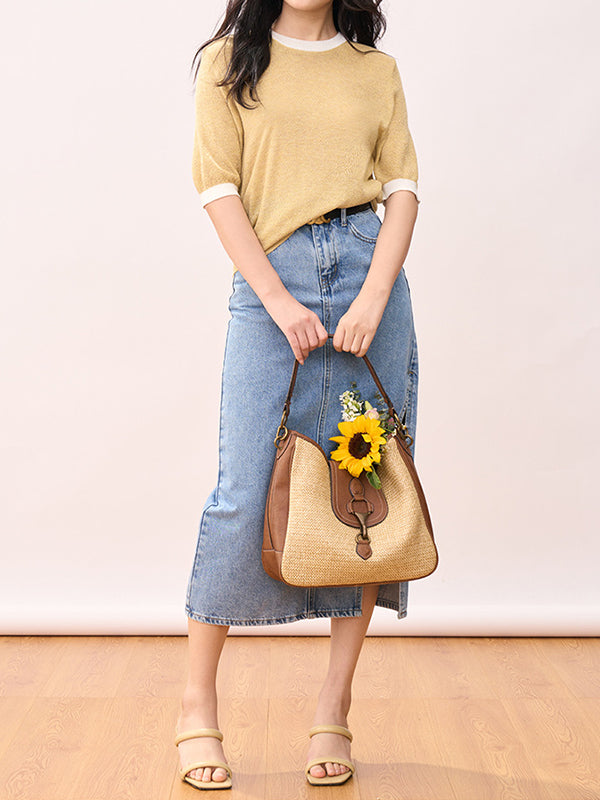 Contrast Color Loose Short Sleeves Round-Neck T-Shirts