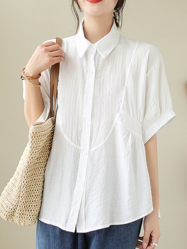 Pleated Solid Color Split-Joint Half Sleeves Loose Lapel Blouses&Shirts Tops