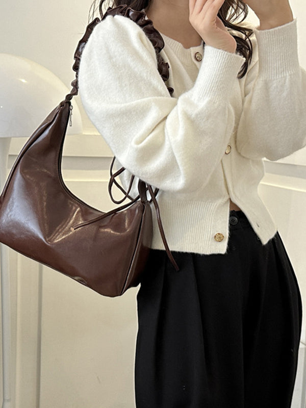 Geometric Pleated Solid Color Zipper Shoulder Bags Handbags